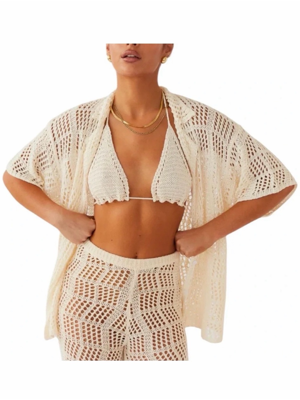 Peppermayo Cream Crochet Button-Down Beach Shirt